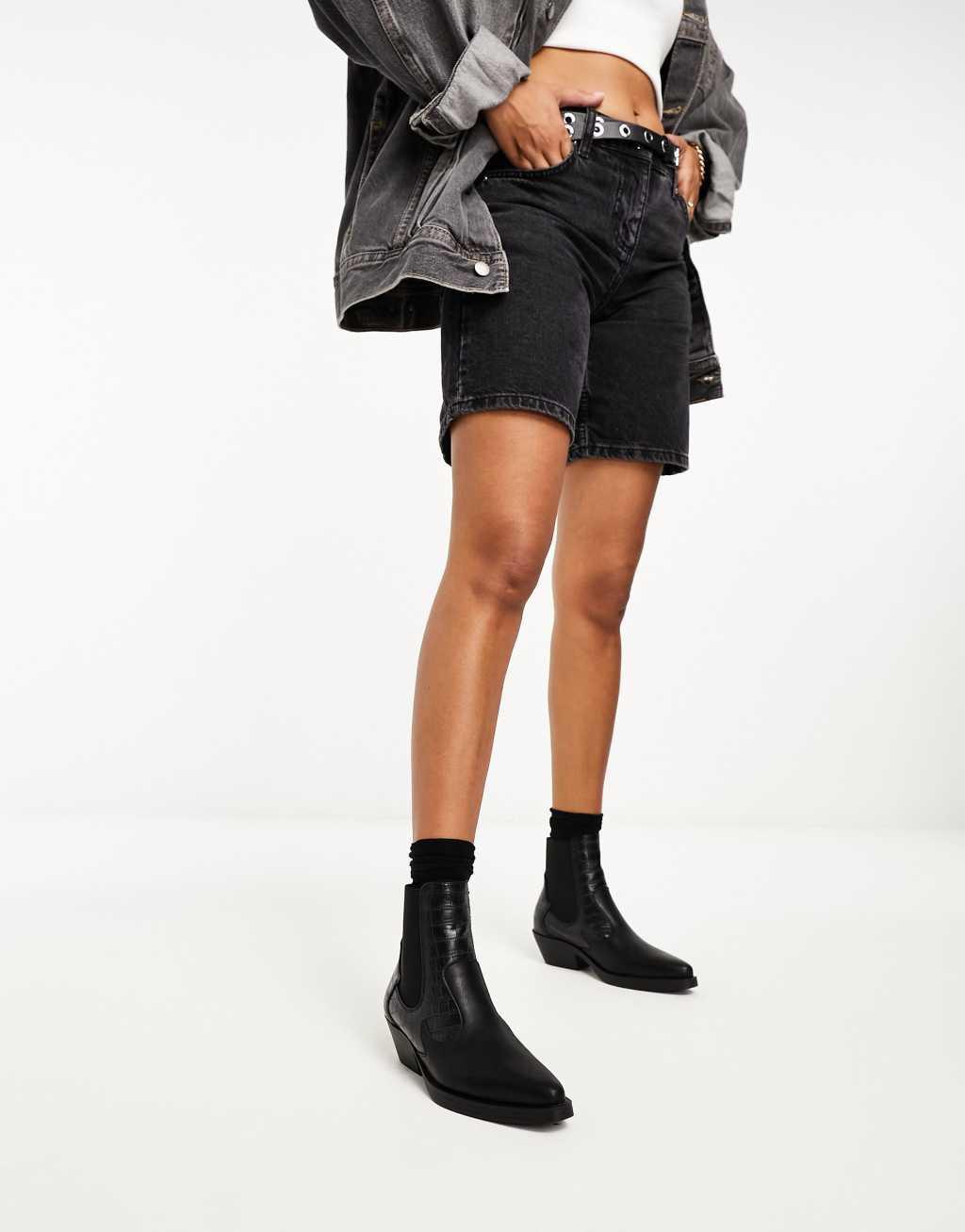 Only faux croc detail western boots in black  Product Image