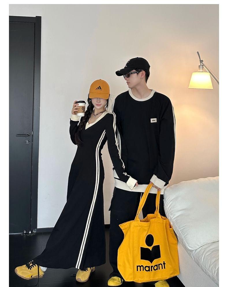 Couple Matching Crew Neck Striped Oversized Sweatshirt / Long-Sleeve V-Neck Maxi Sweatshirt Dress Product Image