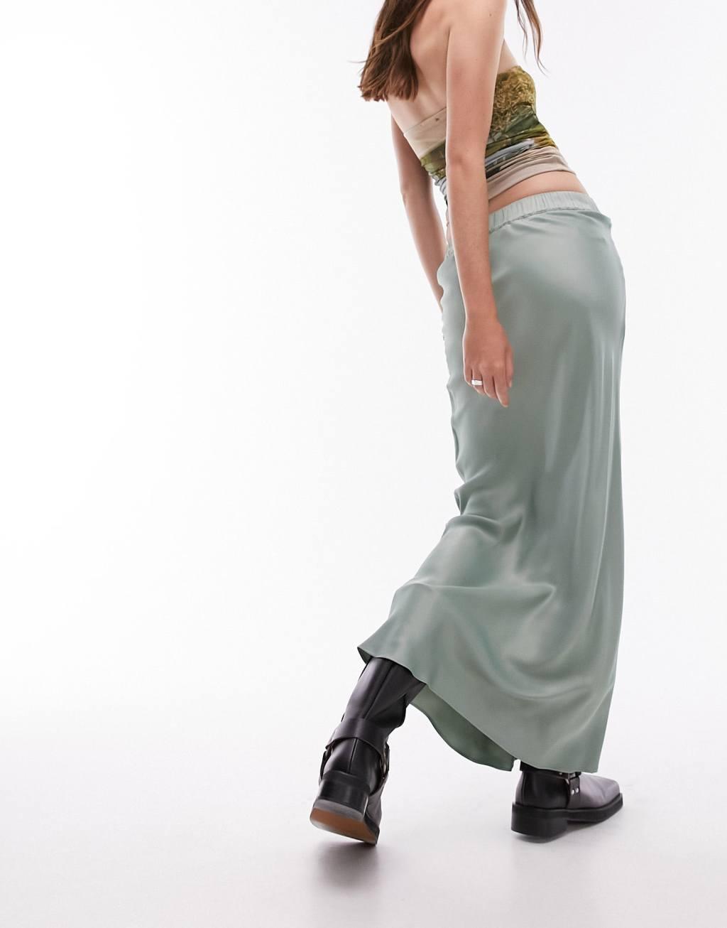 Topshop satin bias maxi skirt with elastic waistband in sea green Product Image