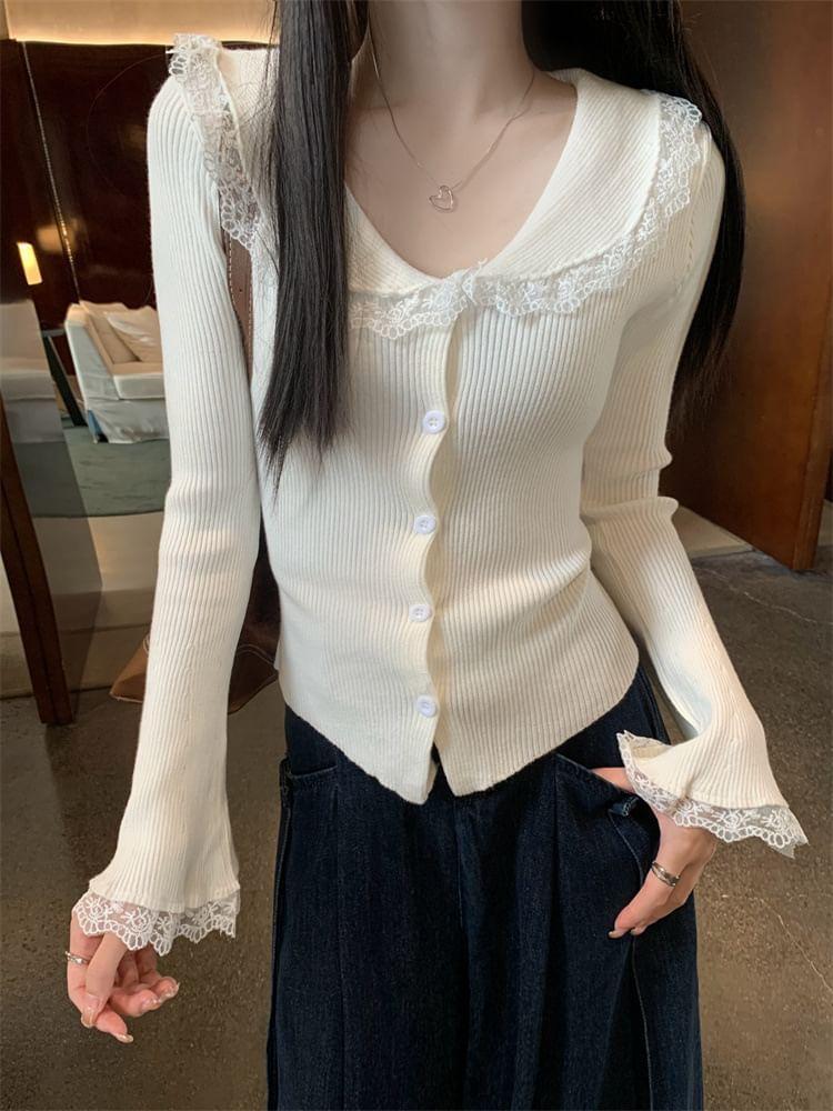 Long-Sleeve Collar Lace Trim Button Ribbed Knit Top Product Image