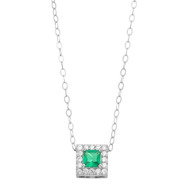 Aleure Precioso Sterling Silver Lab-Created Gemstone & Cubic Zirconia Square Halo Necklace, Womens Green Product Image