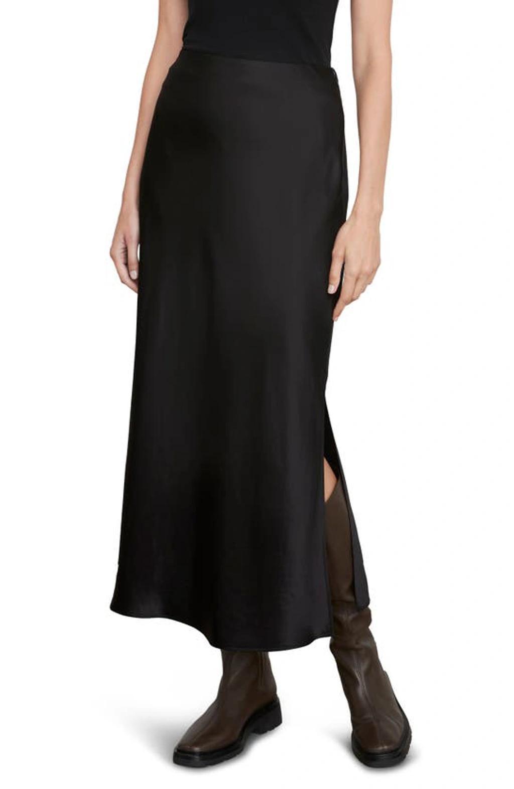 Side Slit Matte Satin Slip Skirt In Black Product Image