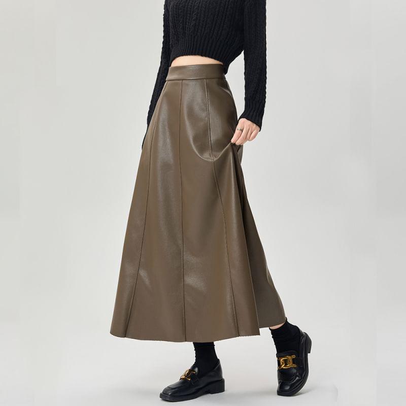 High Rise Faux Leather Midi A-Line Skirt Product Image