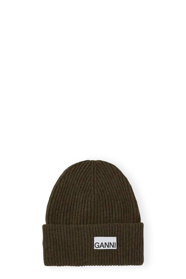 Green Fitted Wool Rib Knit Beanie Product Image