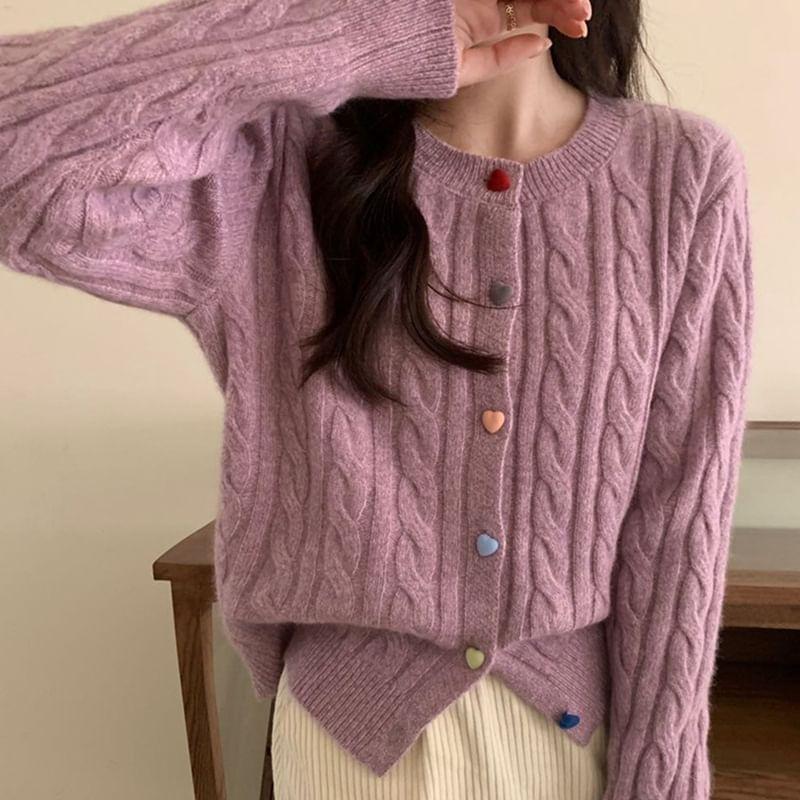 Round Neck Heart Button Cable Knit Cardigan Product Image