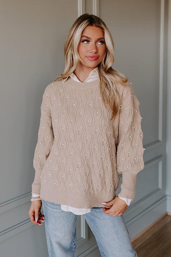 Chilly Wind Embellished Knit Sweater In Taupe Product Image