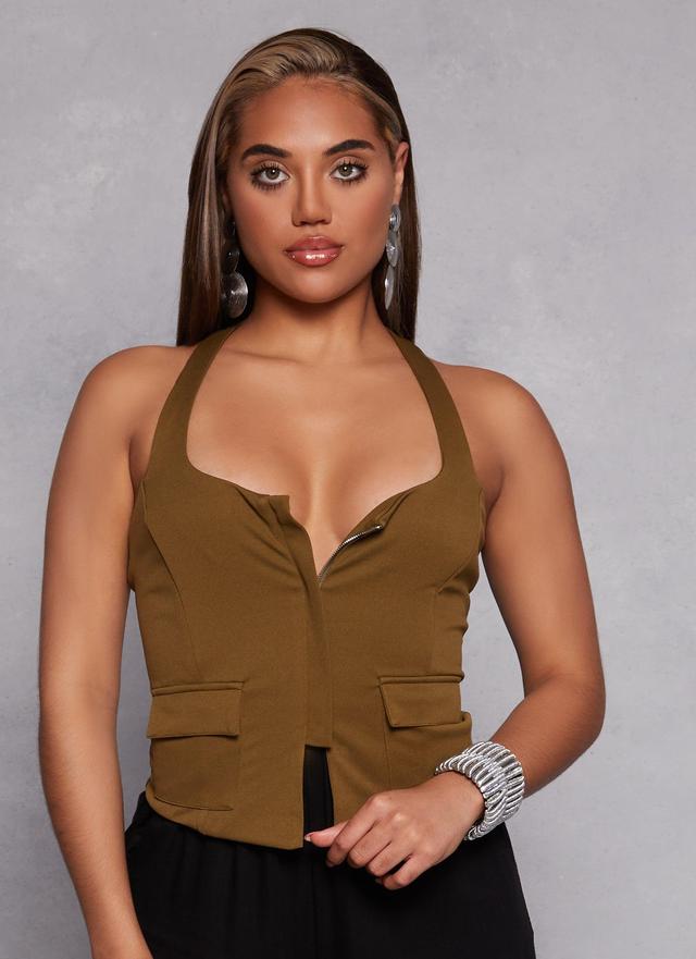 Womens Zip Front Cargo Pocket Halter Top Product Image