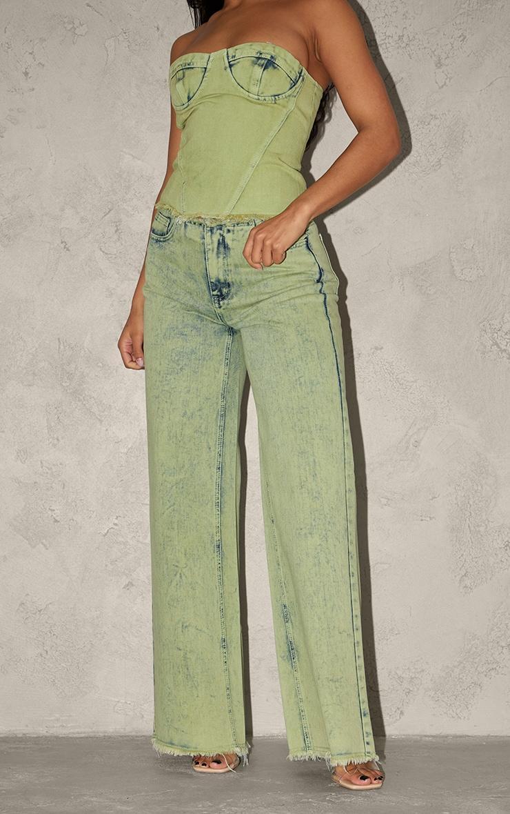 Green Tint Acid Wash Raw Hem Wide Leg Jeans Product Image