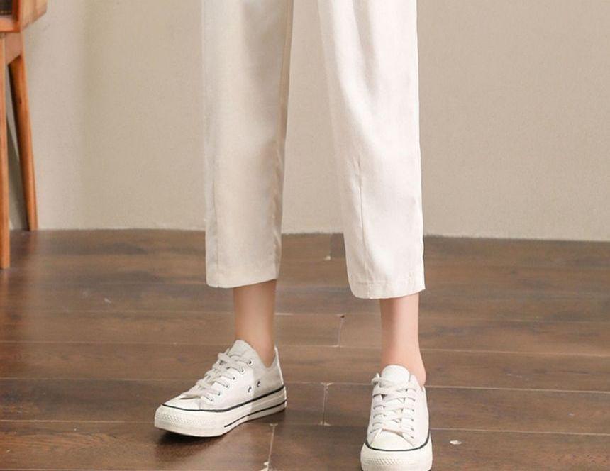 Elastic High Waist Plain Button-Fly Crop Tapered Pants Product Image