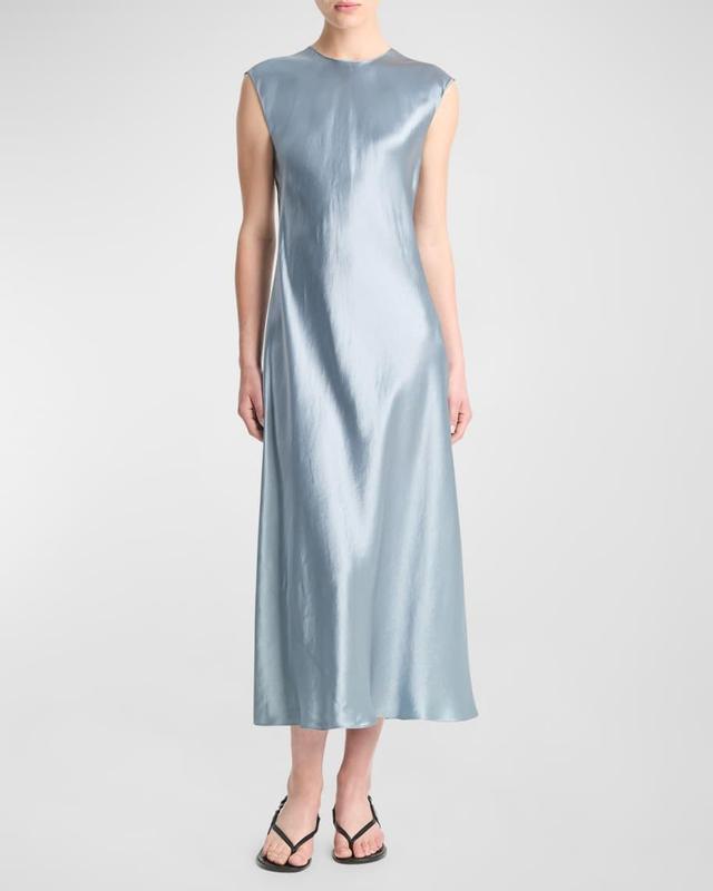 Bias Satin Crewneck Cap-Sleeve Midi Dress Product Image