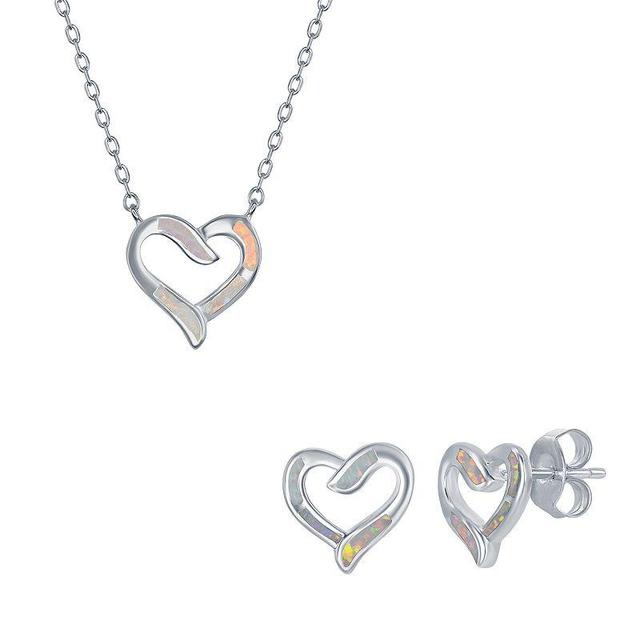 Sterling Silver Lab-Created Opal Open Heart Pendant Necklace & Earrings Set, Womens White Product Image