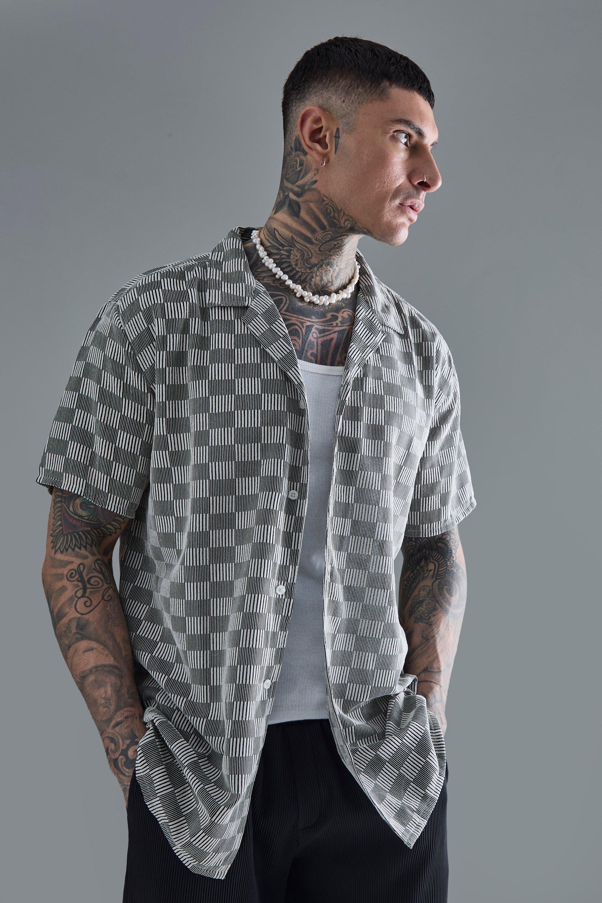 Tall Short Sleeve Oversized Revere Open Weave Shirt | boohooMAN USA Product Image