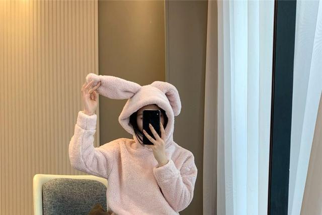 Pajama Set: Bunny Ear Hood Fleece Top + Lounge Pants Product Image