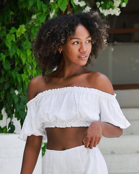 The Jetset - White Linen Off-the-Shoulder Crop Top Product Image