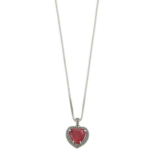 Lavish by TJM Sterling Silver Red Cubic Zirconia & Marcasite Heart Pendant Necklace, Womens Product Image