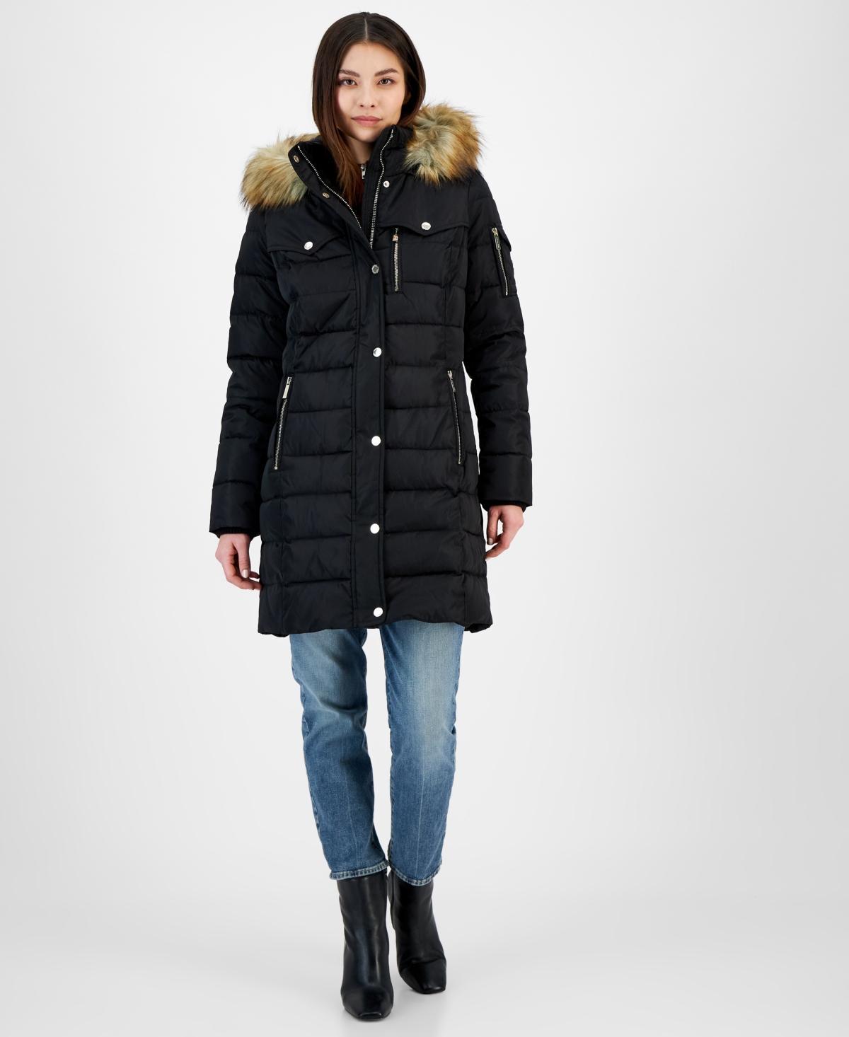 Michael Michael Kors Womens Petite Faux-Fur-Trim Hooded Puffer Coat, Created for Macys Product Image