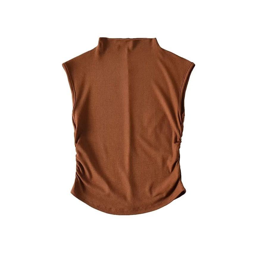 Sleeveless Mock-Neck Ruched Plain Crop Top Product Image