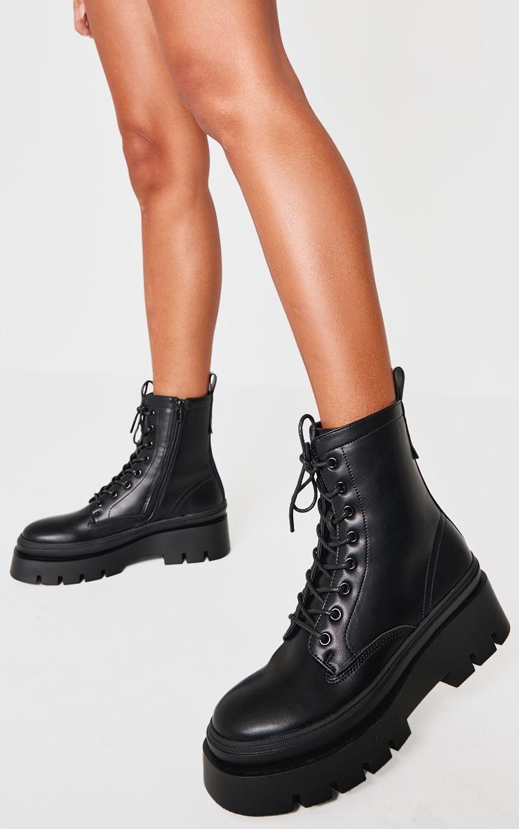 Black PU Round Toe Chunky Sole Biker Boots Product Image