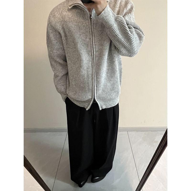 Stand Collar Plain Zip-Up Cardigan Product Image