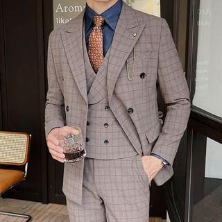 Set: V-Neck Plaid Button Vest + Double-Breasted Blazer + Mid Rise Tapered Dress Pants Product Image