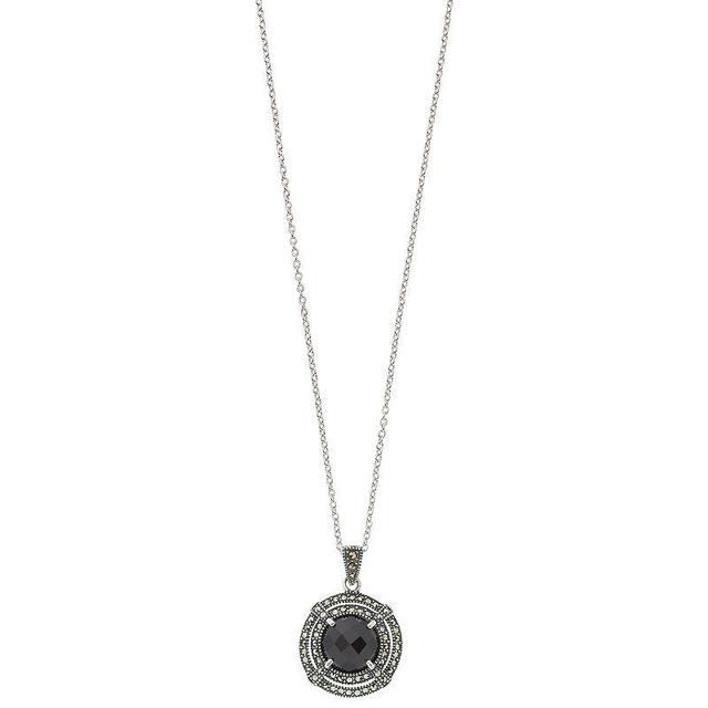 Lavish by TJM Sterling Silver Black Onyx & Marcasite Circle Pendant Necklace, Womens Product Image