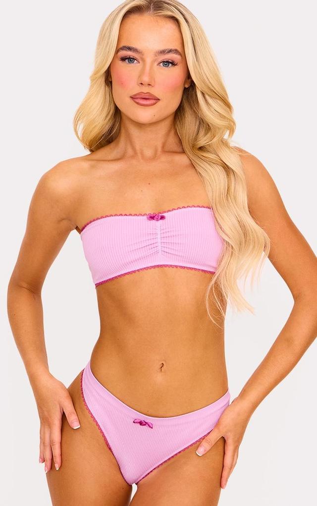 Pink Ribbed Bandeau Bra And Thong Lingerie Set Product Image