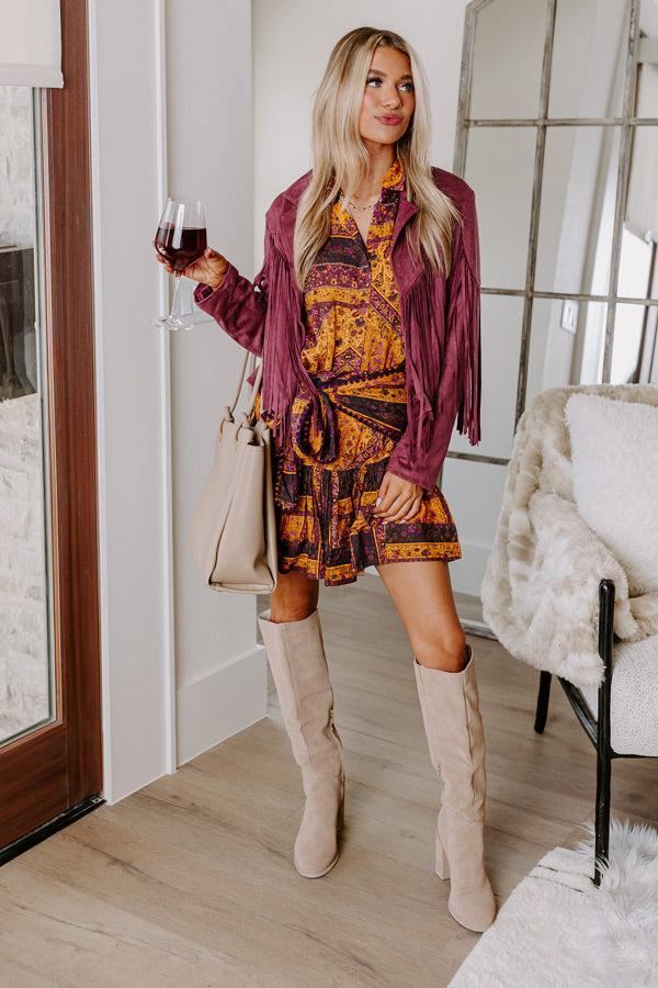 Boho Flow Faux Suede Fringe Jacket in Maroon Product Image