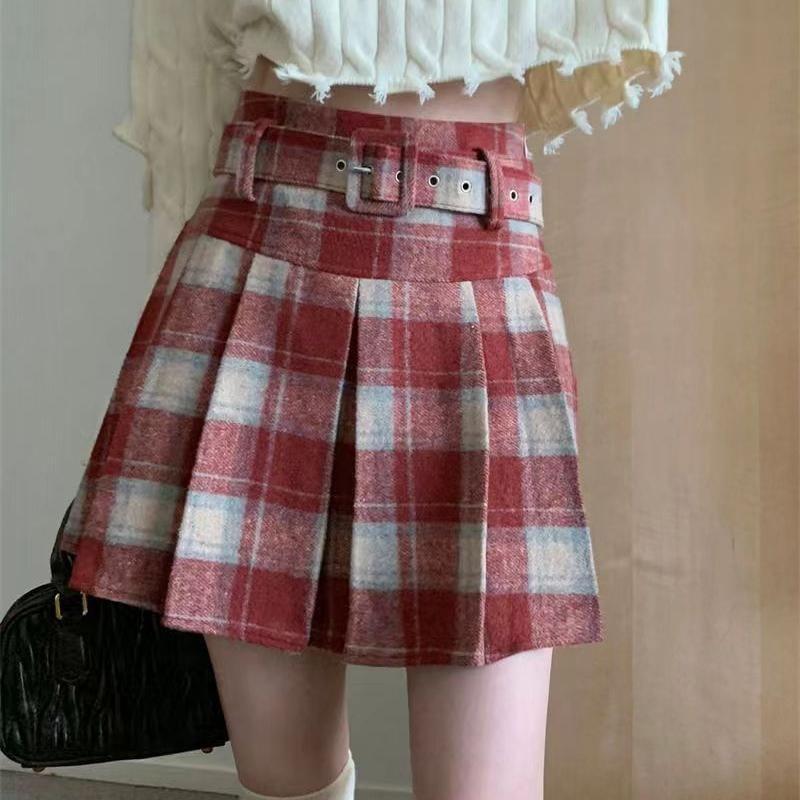 Set: High Waist Plaid Pleated Mini A-Line Skirt + Belt Product Image