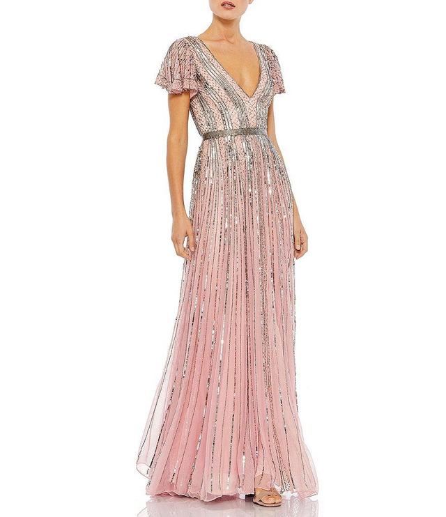 Mac Duggal Vneck Short Flutter Sleeve Stripe Sequin Aline Gown Product Image