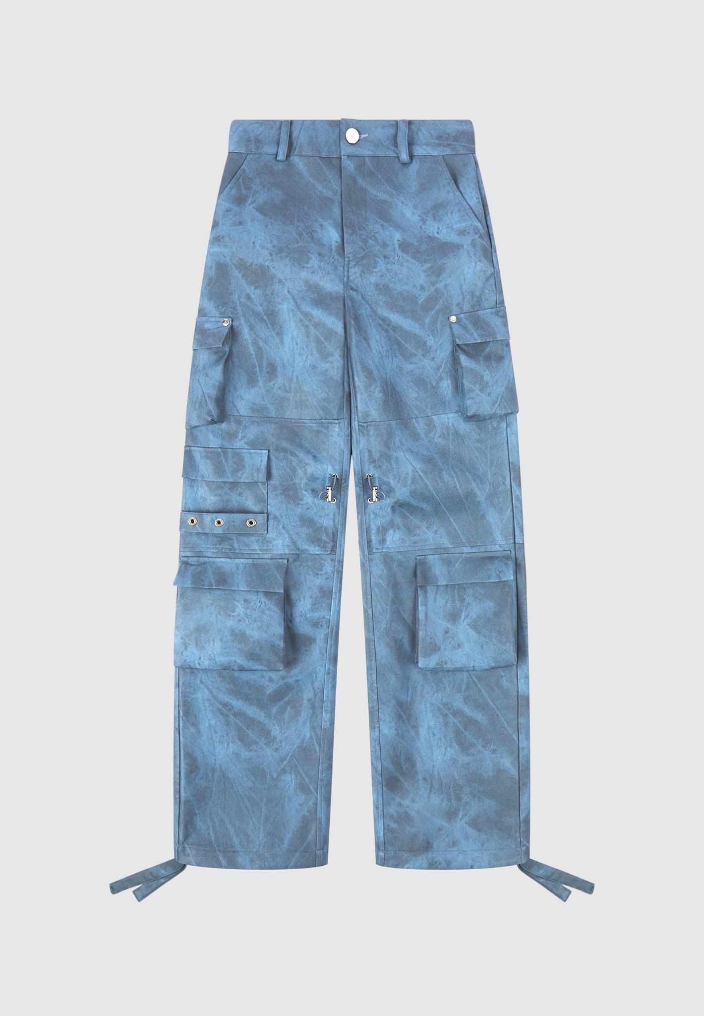 High Waisted Vintage Marble Leather Cargo Pants - Washed Blue Female Product Image