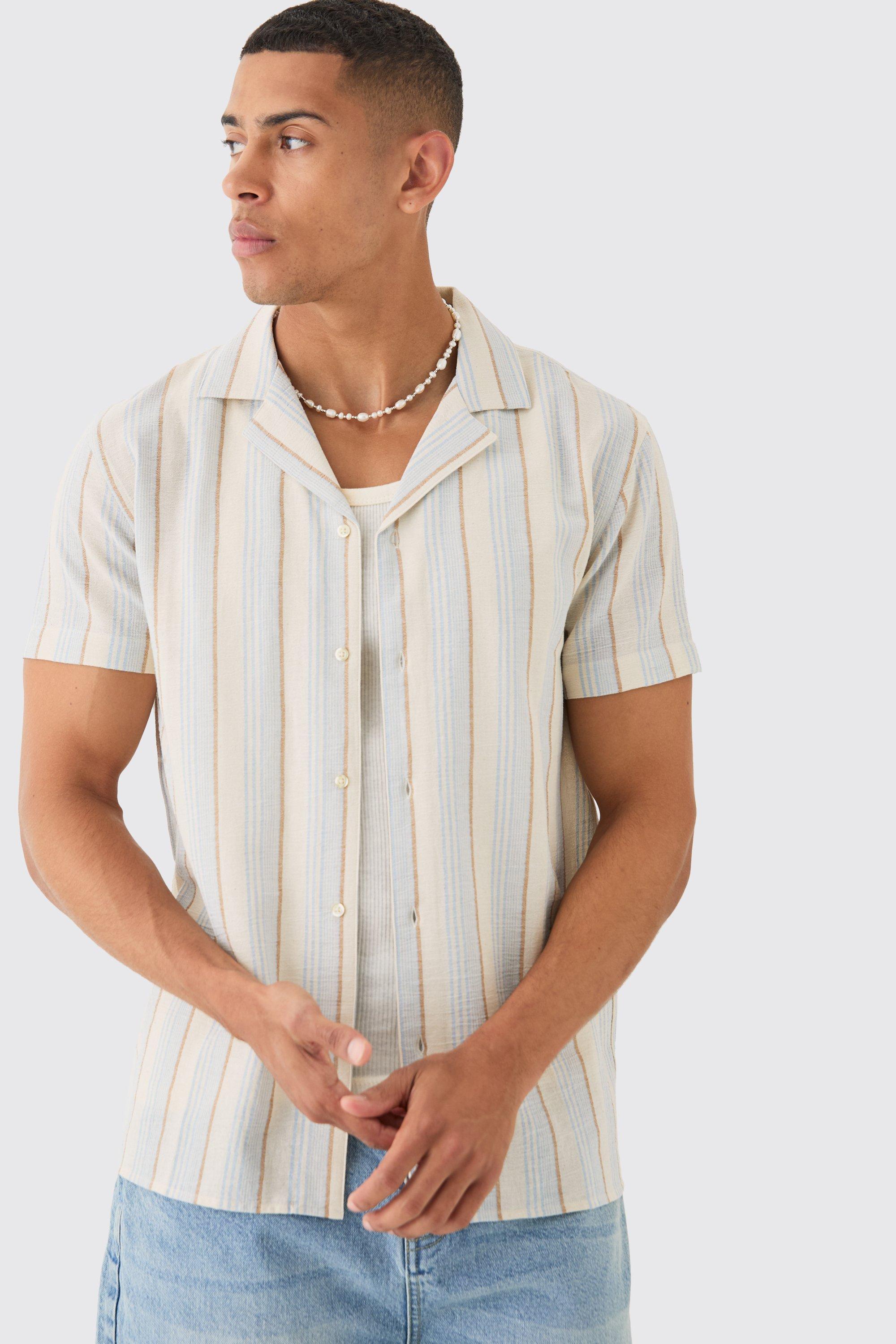 Short Sleeve Textured Tonal Stripe Shirt | boohooMAN USA Product Image