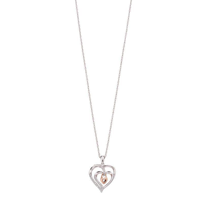 Two-Tone Sterling Silver 1/10 Carat T.W. Diamond Layered Heart & Lock Pendant Necklace, Womens Two Tone Product Image