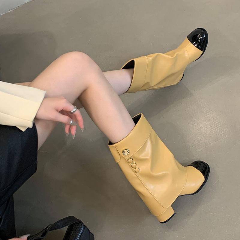 Chunky Heel Cap Toe Faux Leather Mid-Calf Boots Product Image