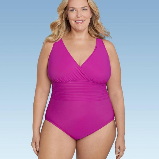 Womens UPF 50 Waist Detail Over the Shoulder One Piece Swimsuit - Aqua Green Pink 18 Product Image