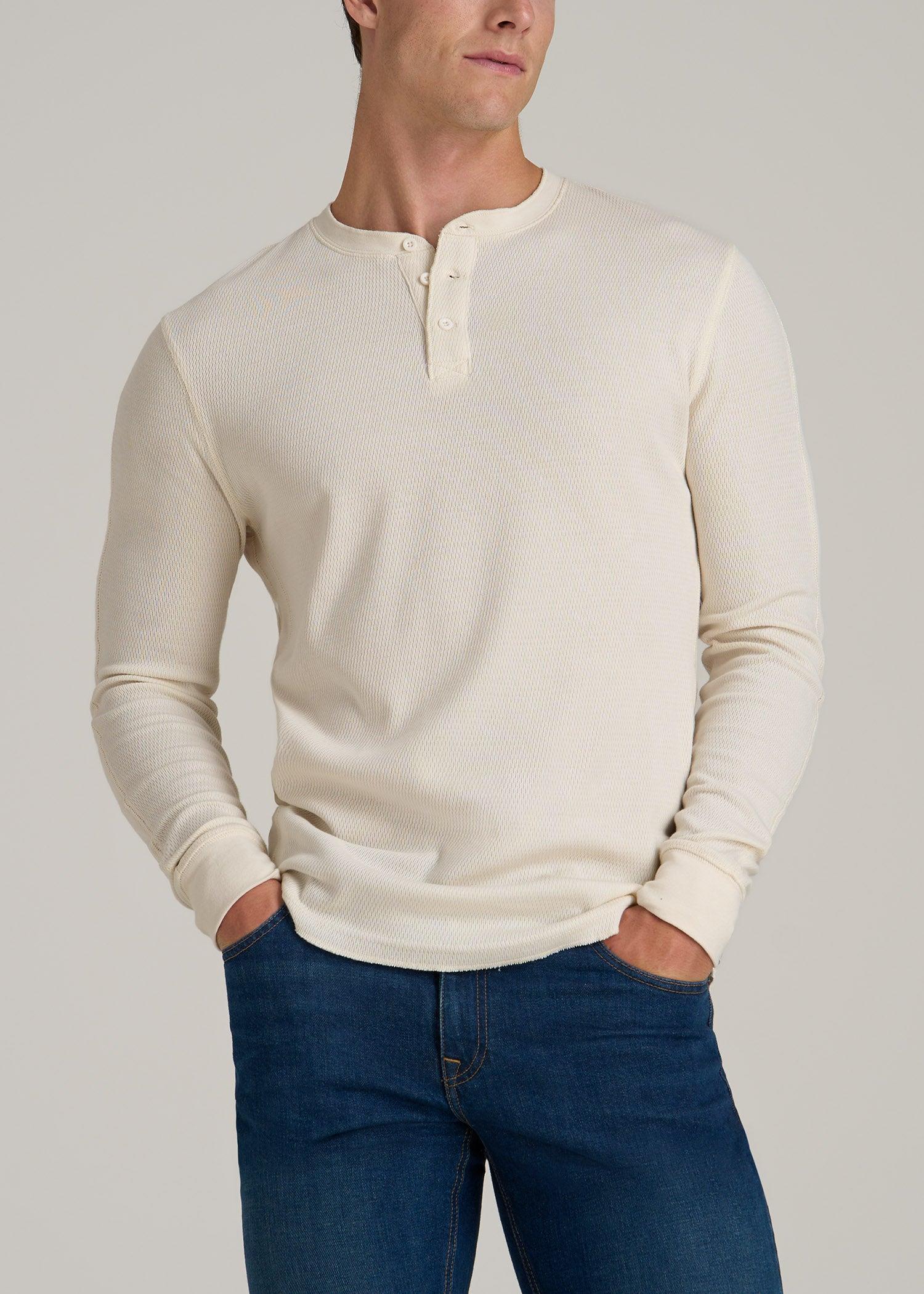 Double Honeycomb Thermal Long-Sleeve Henley Shirt for Tall Men in White Alyssum Male Product Image