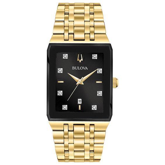 Men's Bulova Modern Diamond Accent Gold-Tone Watch with Rectangular Black Dial (Model: 97D118) Product Image