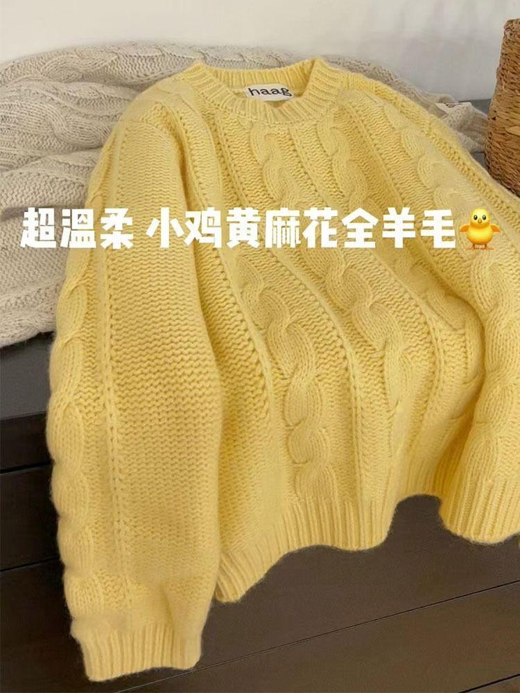 Crewneck Cable Knit Plain Sweater Product Image