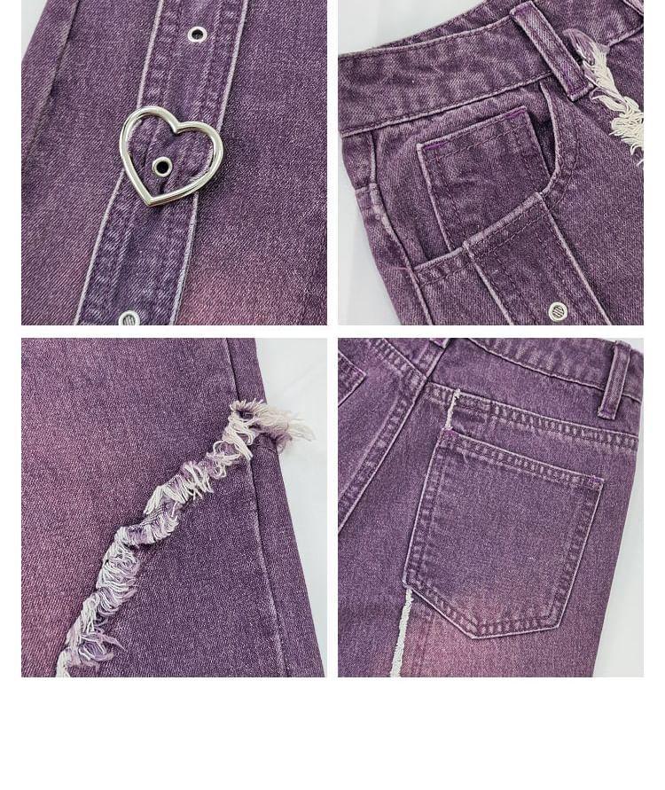 High Waist Heart Buckled Washed Frayed Loose Fit Jeans Product Image