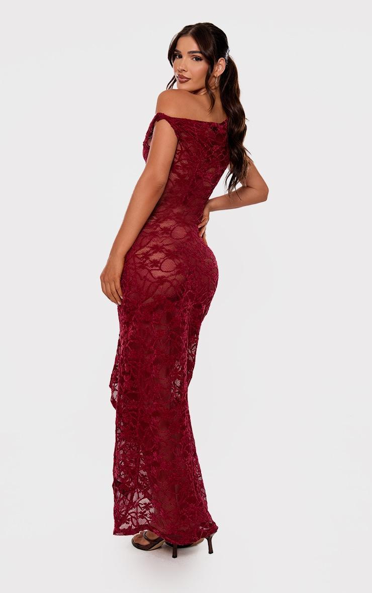 Red Lace Off The Shoulder Ruched Maxi Dress Product Image