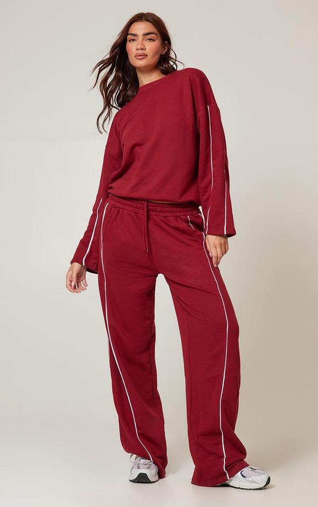 Dark Red Contrast Piping Detail Wide Leg Sweatpants Product Image