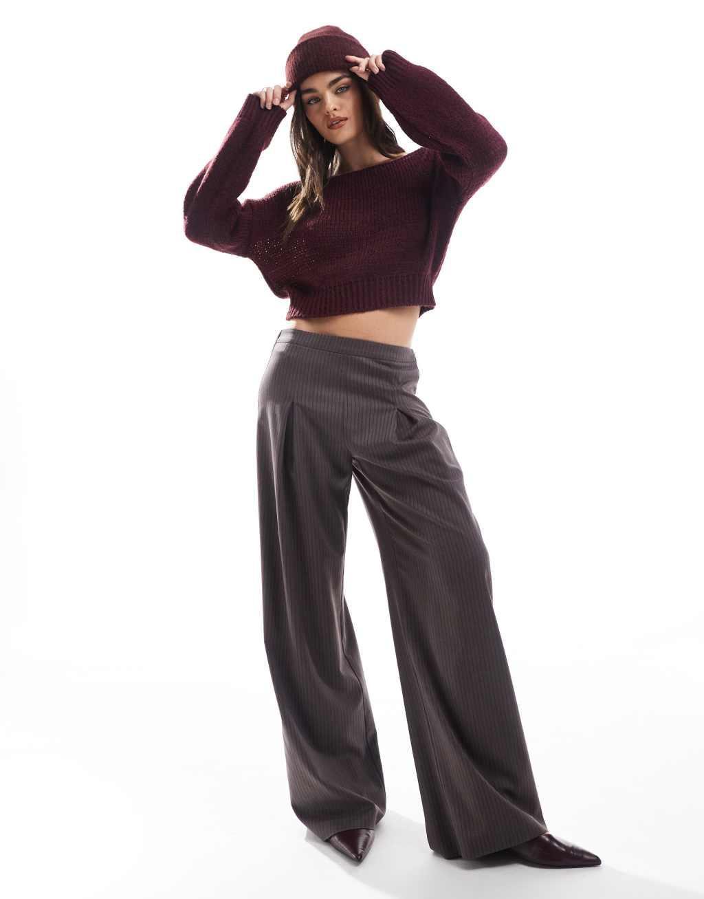 Miss Selfridge off the shoulder knitted sweater in plum Product Image