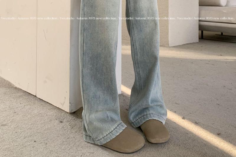 High Waist Fleece-Lined Washed Wide Leg Jeans Product Image