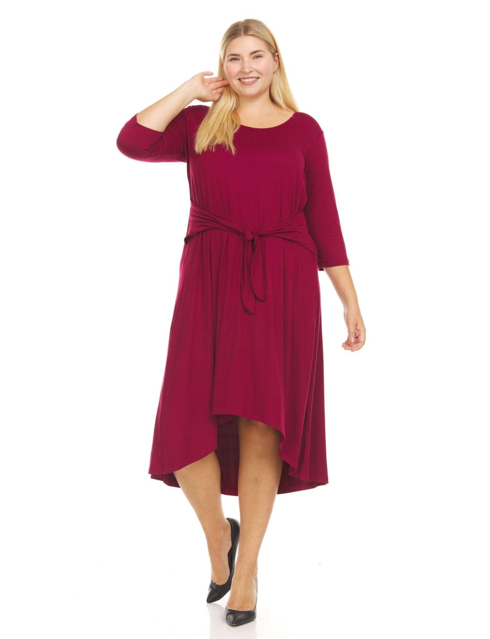 Three-quarter sleeves solid colors scoop neck midi dress with self tie belt- plus Product Image