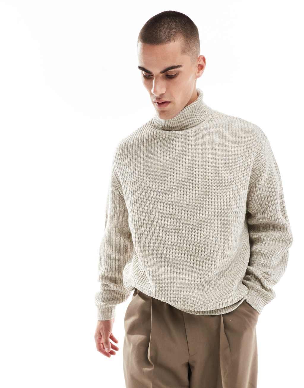 ASOS DESIGN oversized knit fisherman ribbed turtleneck sweater in oatmeal twist Product Image