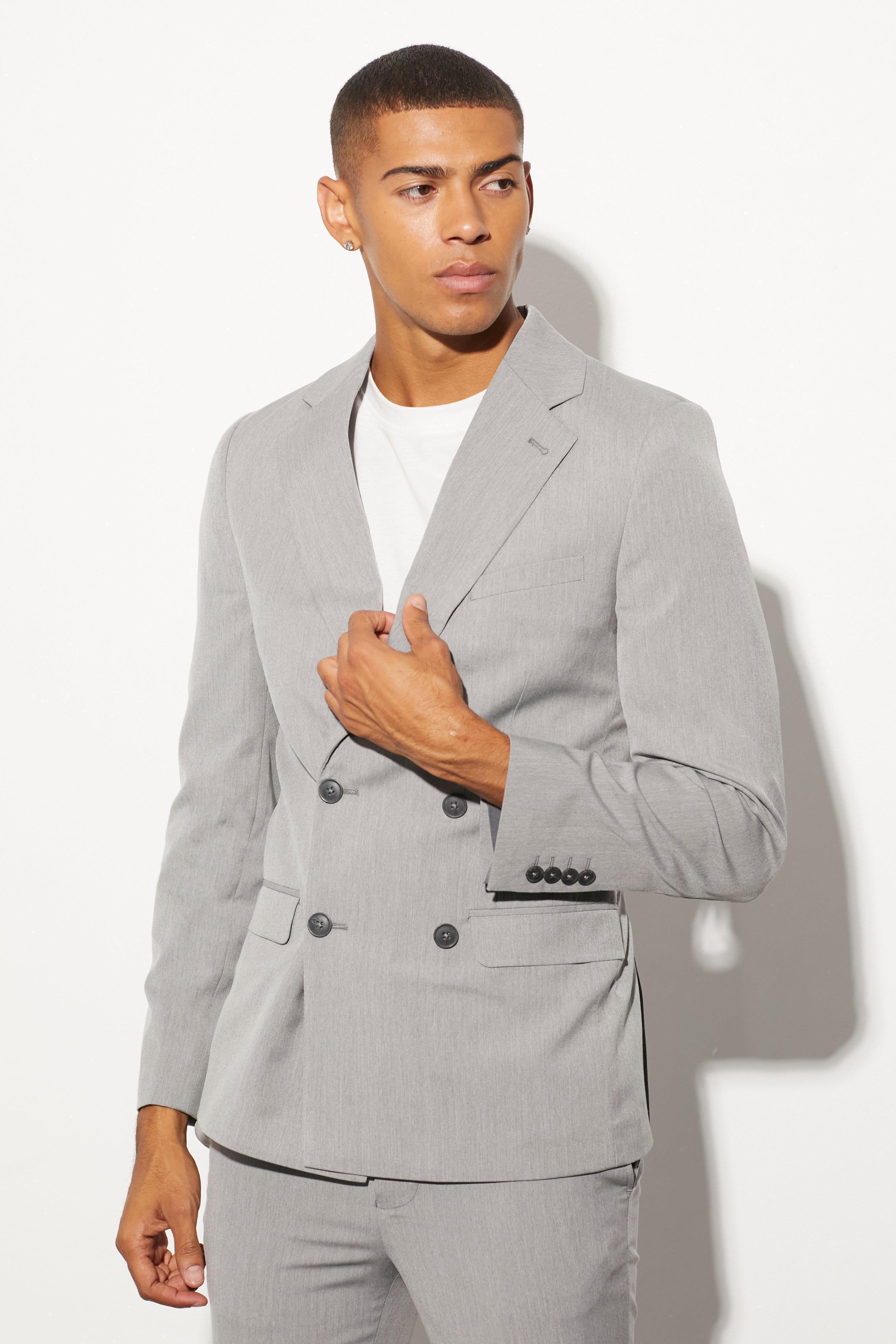 Mens Grey Super Skinny Double Breasted Suit Jacket, Grey Product Image