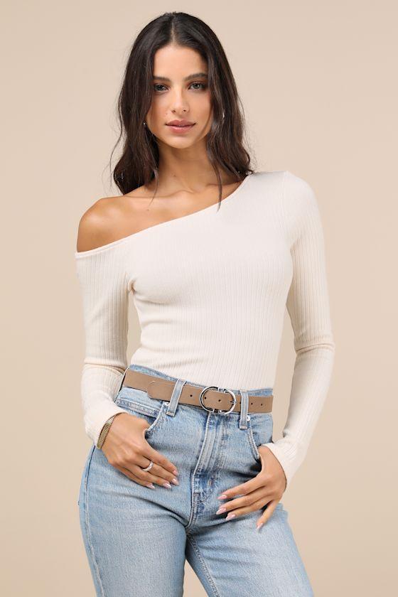 Popular Babe Ivory Ribbed Knit Asymmetrical Long Sleeve Top Product Image