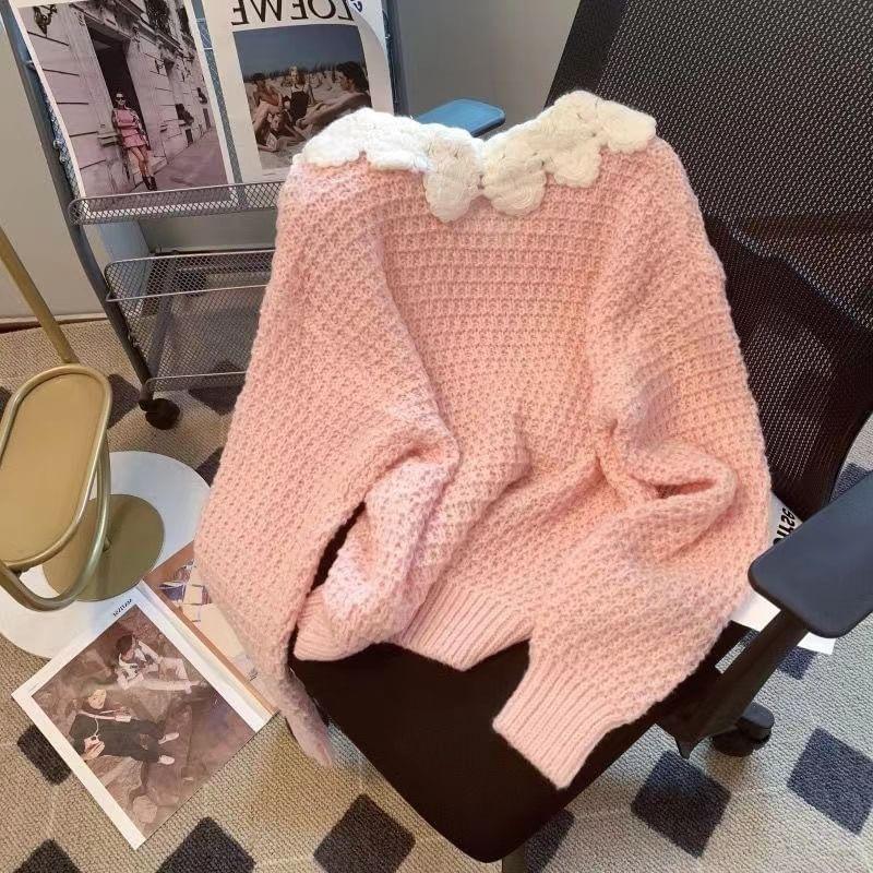 Long-Sleeve Scallop Edge Collar Plain Bow Sweater Product Image