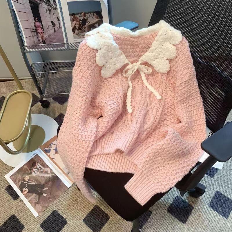 Long-Sleeve Scallop Edge Collar Plain Bow Sweater Product Image