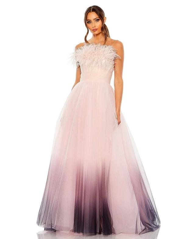 Womens Strapless Feather & Tulle Gown Product Image