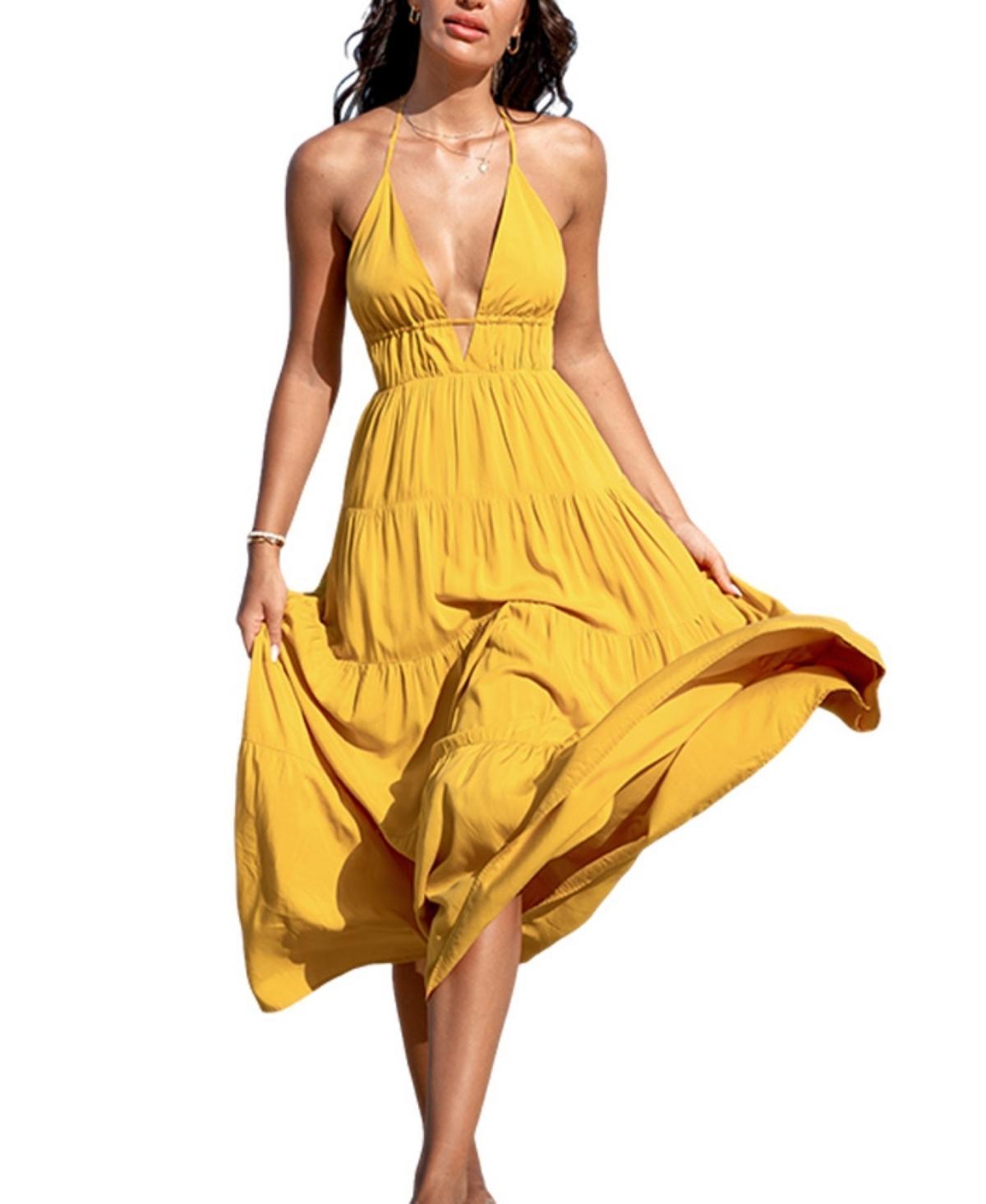 Women's Yellow Halterneck Maxi Beach Dress Product Image